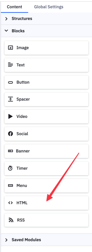 Dragging HTML content block into ActiveCampaign email template editor