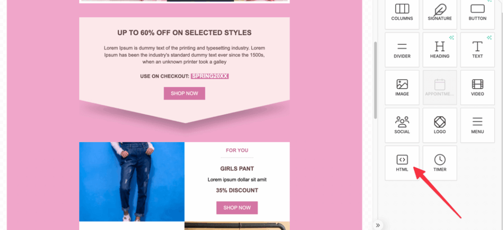 Dragging HTML block into Keap New Email Builder for countdown timer