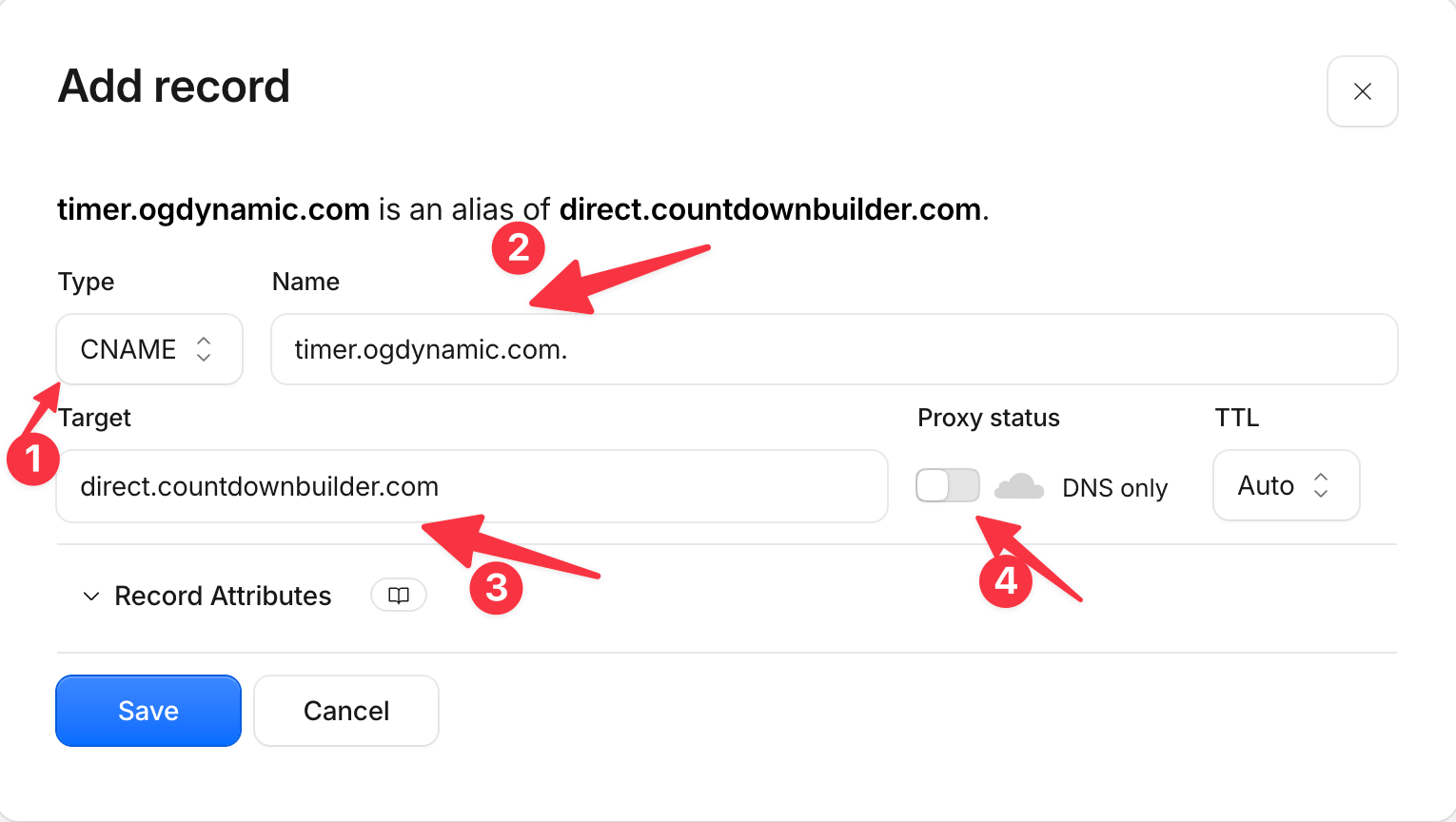 Adding CNAME record in Cloudflare DNS settings for timer.ogdynamic.com