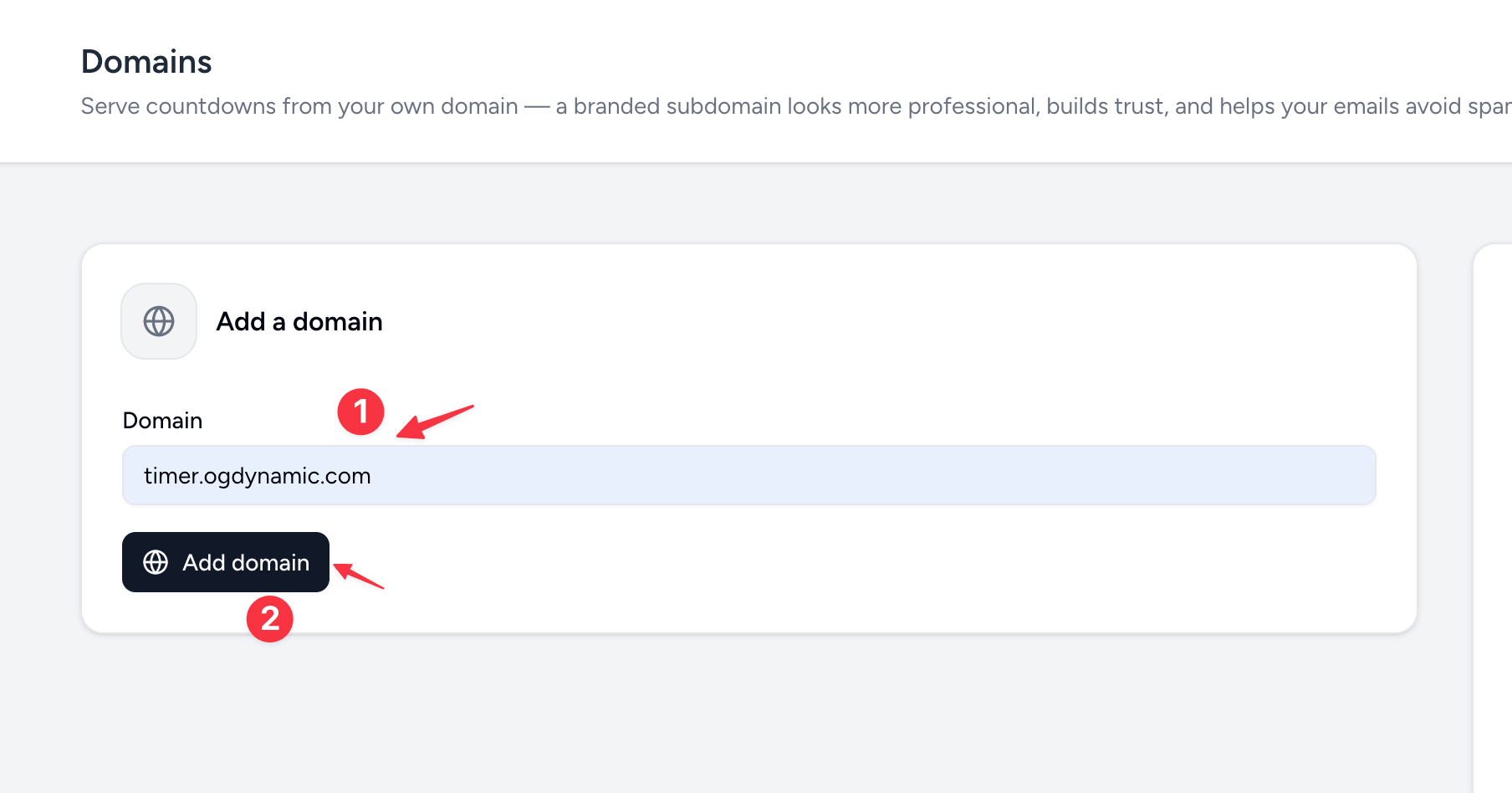 Countdown Builder Custom Domains form with timer.ogdynamic.com entered