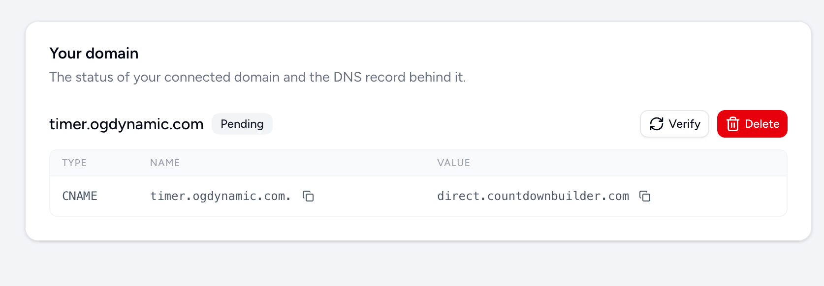 DNS record details showing host and value for CNAME configuration