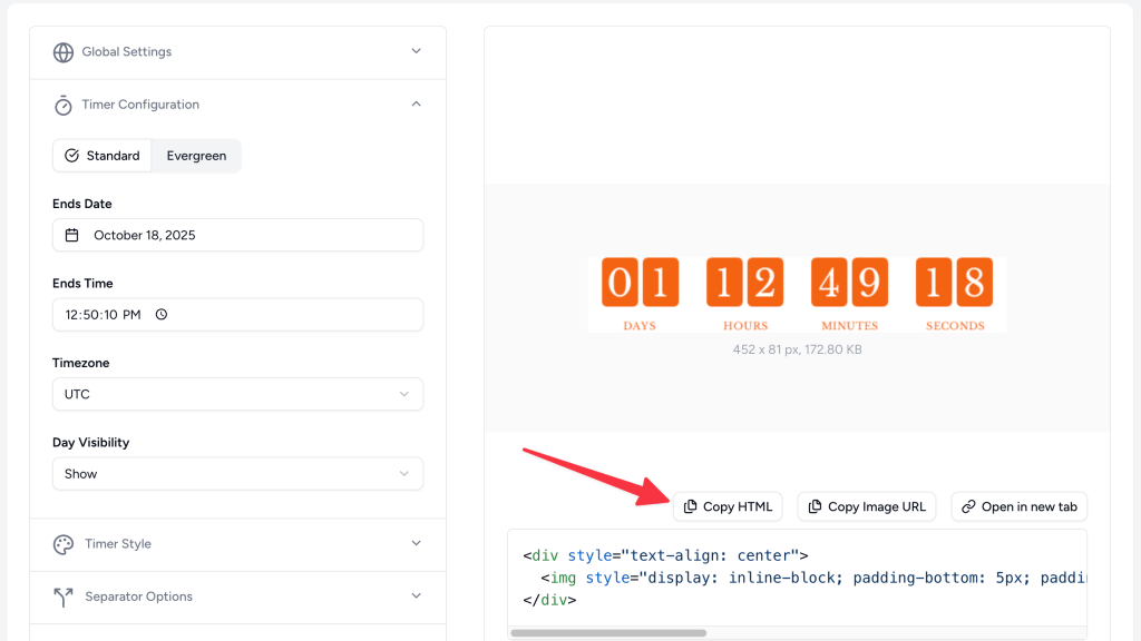 Countdown Builder interface showing customization options for a Kit countdown timer, including colors, fonts, and expiry settings