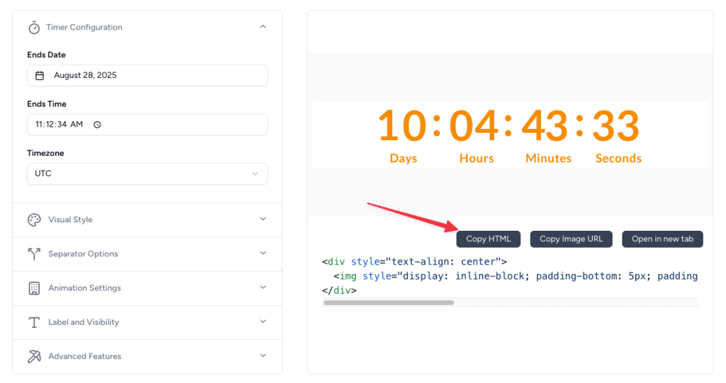 Countdown Builder interface for creating a countdown timer for HubSpot emails