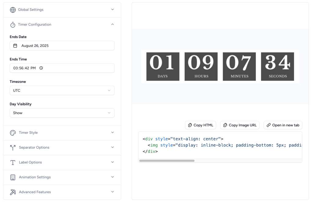 Screenshot of Countdown Builder interface for creating a custom countdown timer with date, time, and design customization options