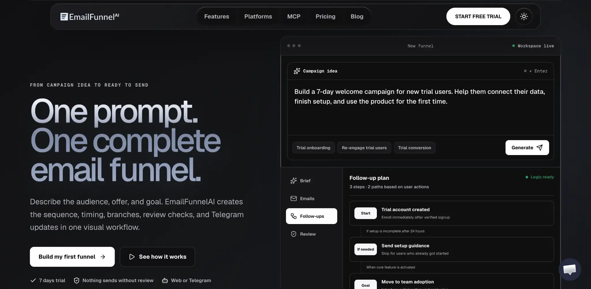 One-prompt email funnel generation in EmailFunnelAI