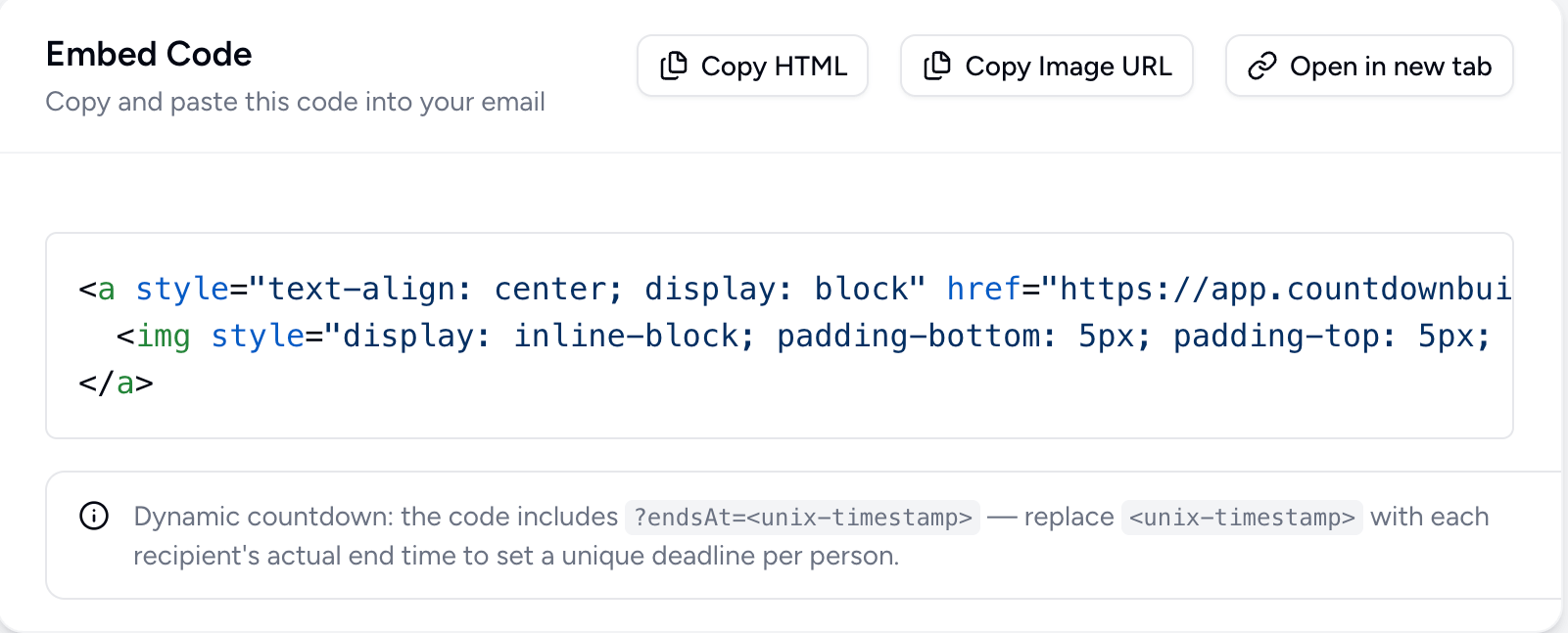 Copy the dynamic timer embed and inject it into your email