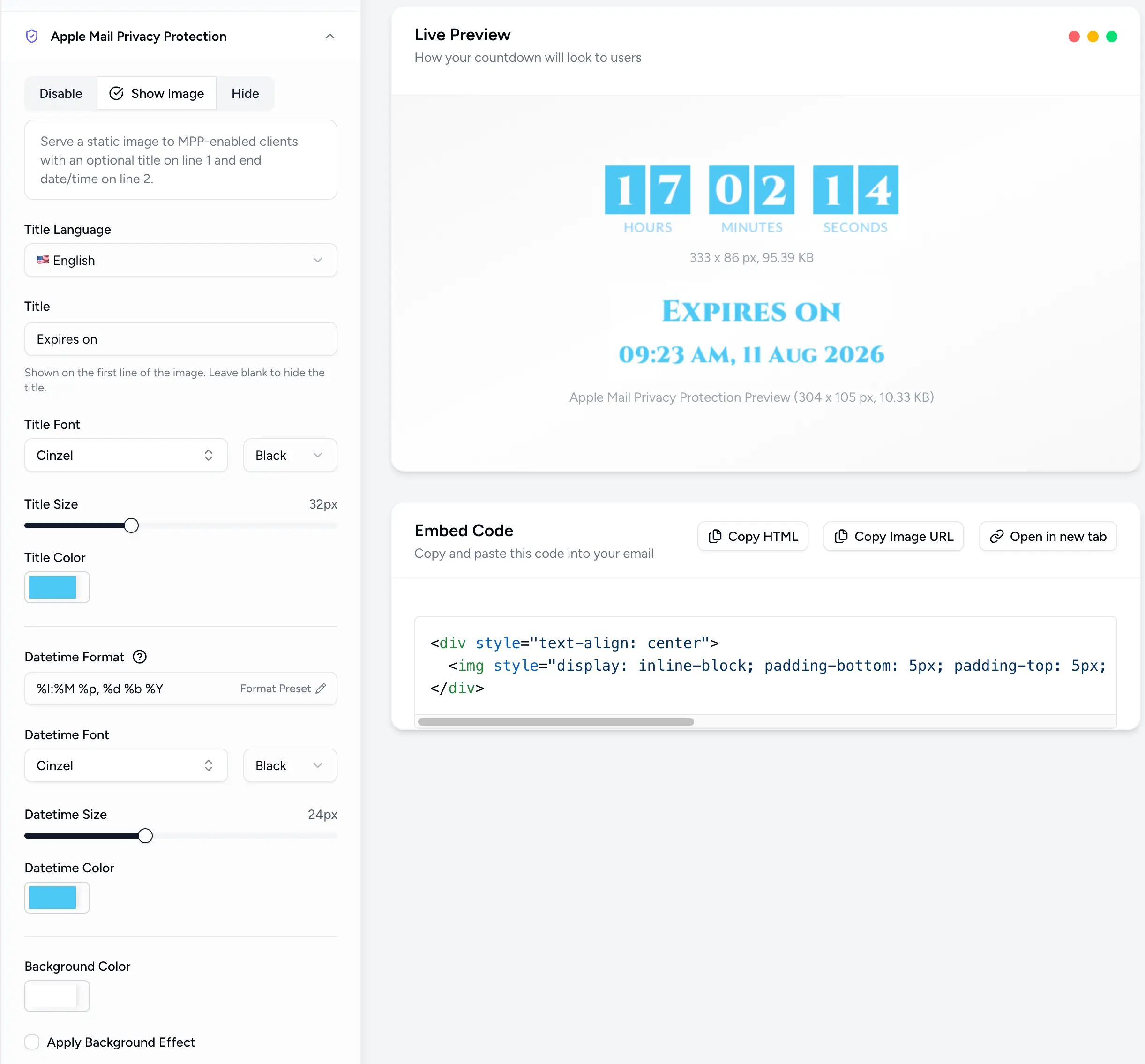 Apple Mail Privacy Protection settings in Countdown Builder