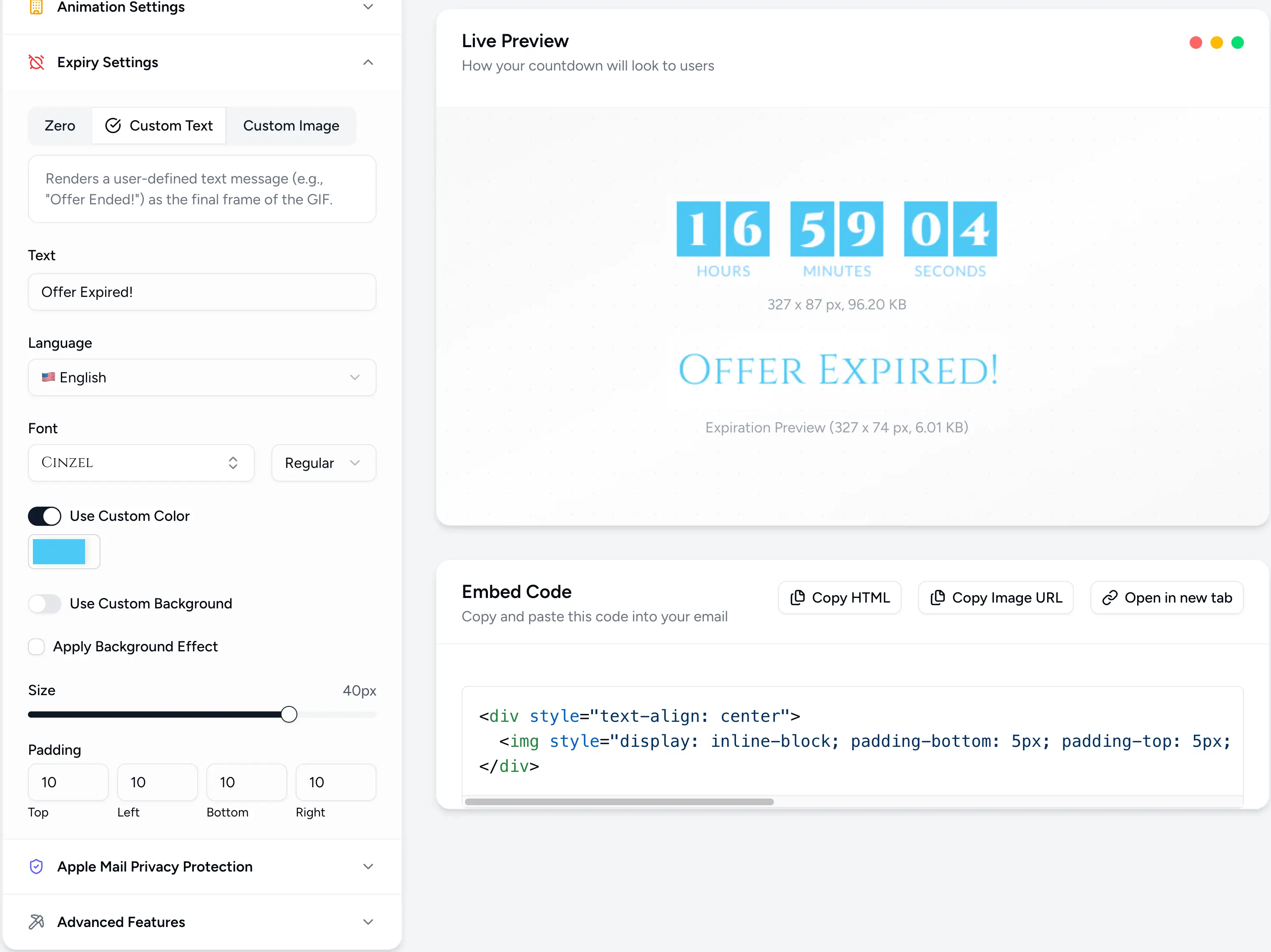 Expiry settings in Countdown Builder