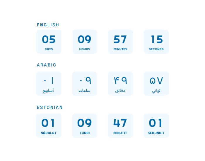 Countdown Builder timer shown in English, German, and right-to-left Arabic