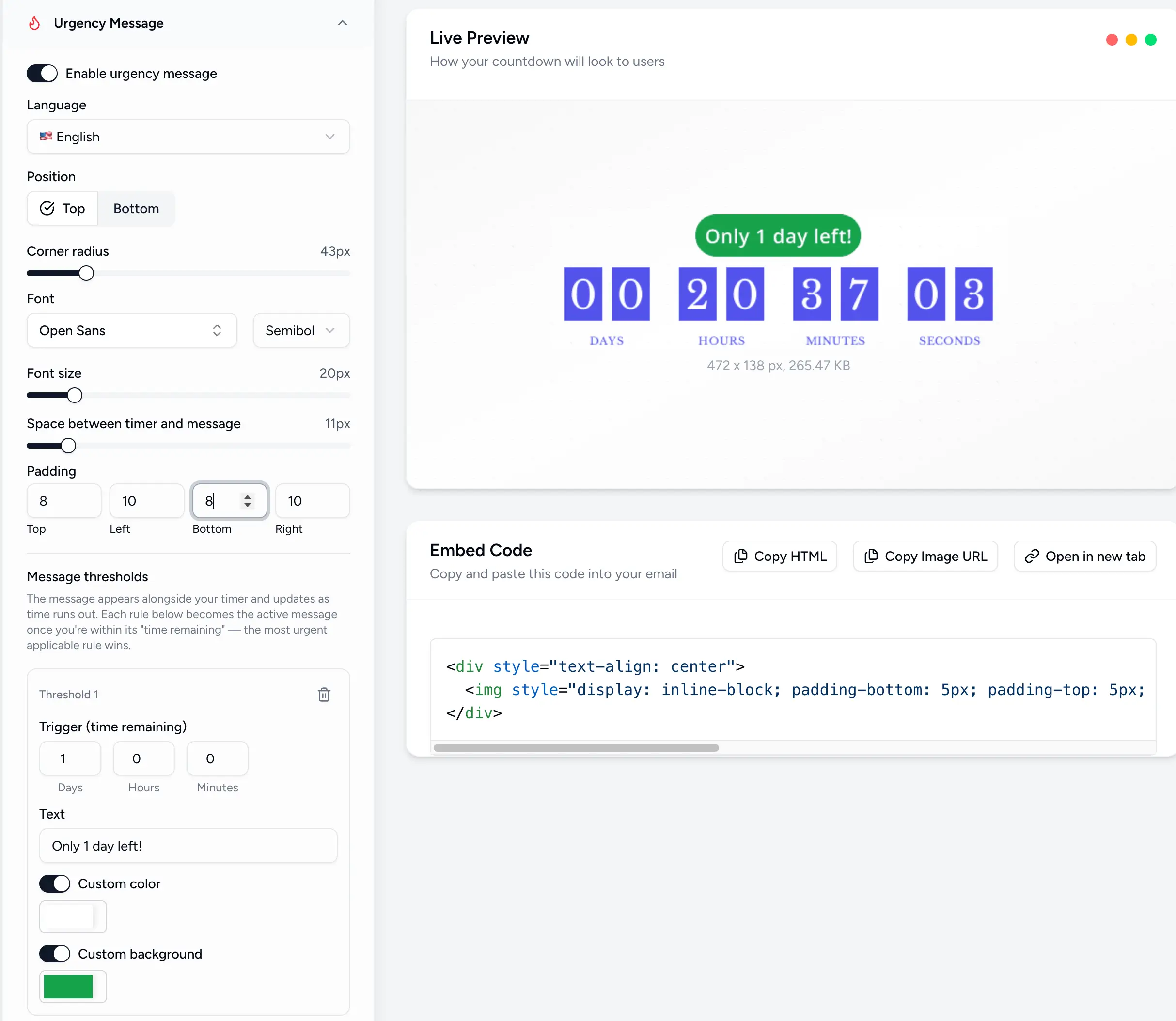 Urgency message editor in Countdown Builder