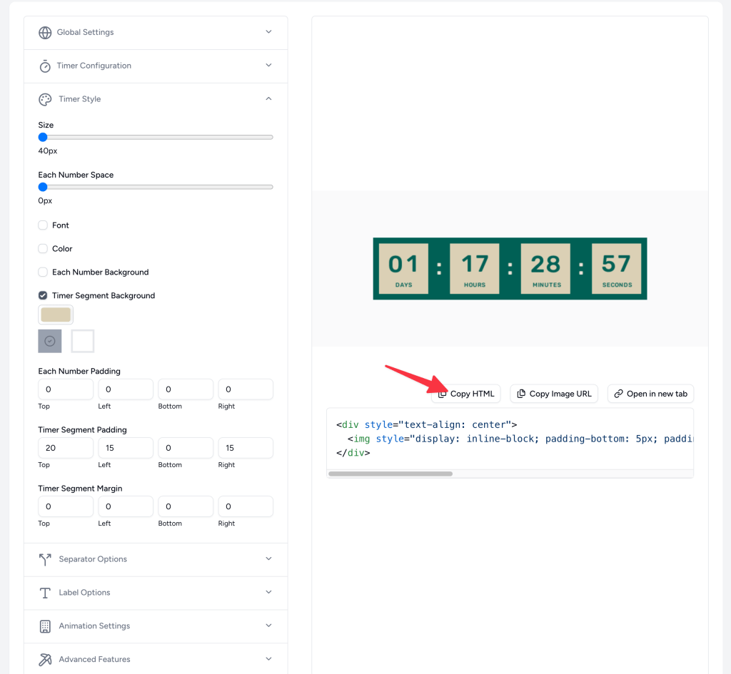 Copying HTML code for an email countdown timer in Omnisend from Countdown Builder