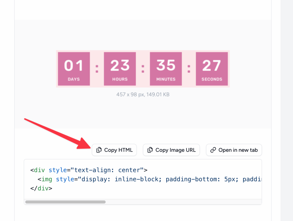 How to Add a Countdown Timer in Keap Broadcast Emails (2026 Guide) 3 Copying HTML embed code from Countdown Builder for Keap broadcast integration